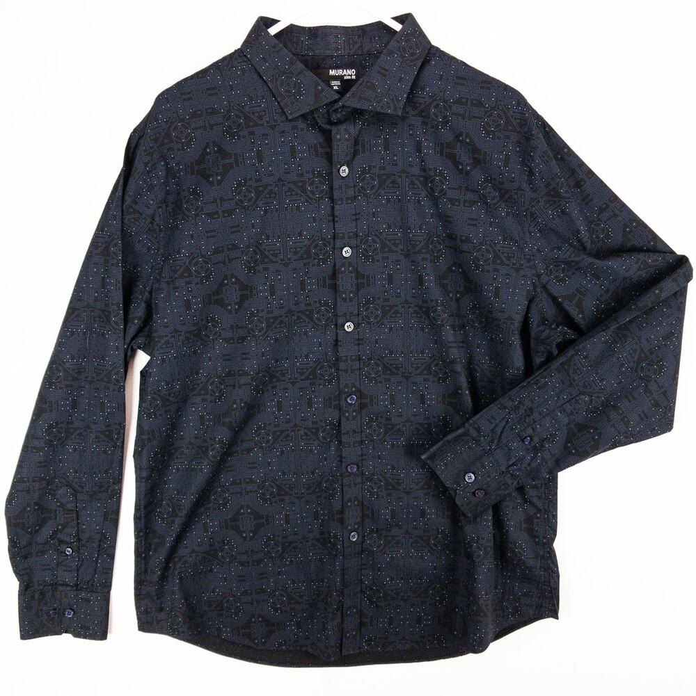 Men's XL Slim Fit Button Down Shirt Blue Geometric Cotton Long Sleeve Murano